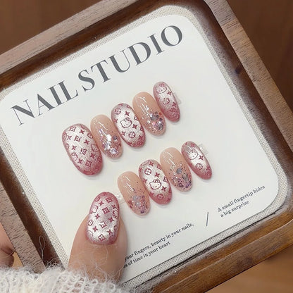 10PCS Summer BrownThe Polka Dot Cat's Eye Short Nail Art Hello Kitty Cute Notes Handmade Acrylic Fake Nail Gift