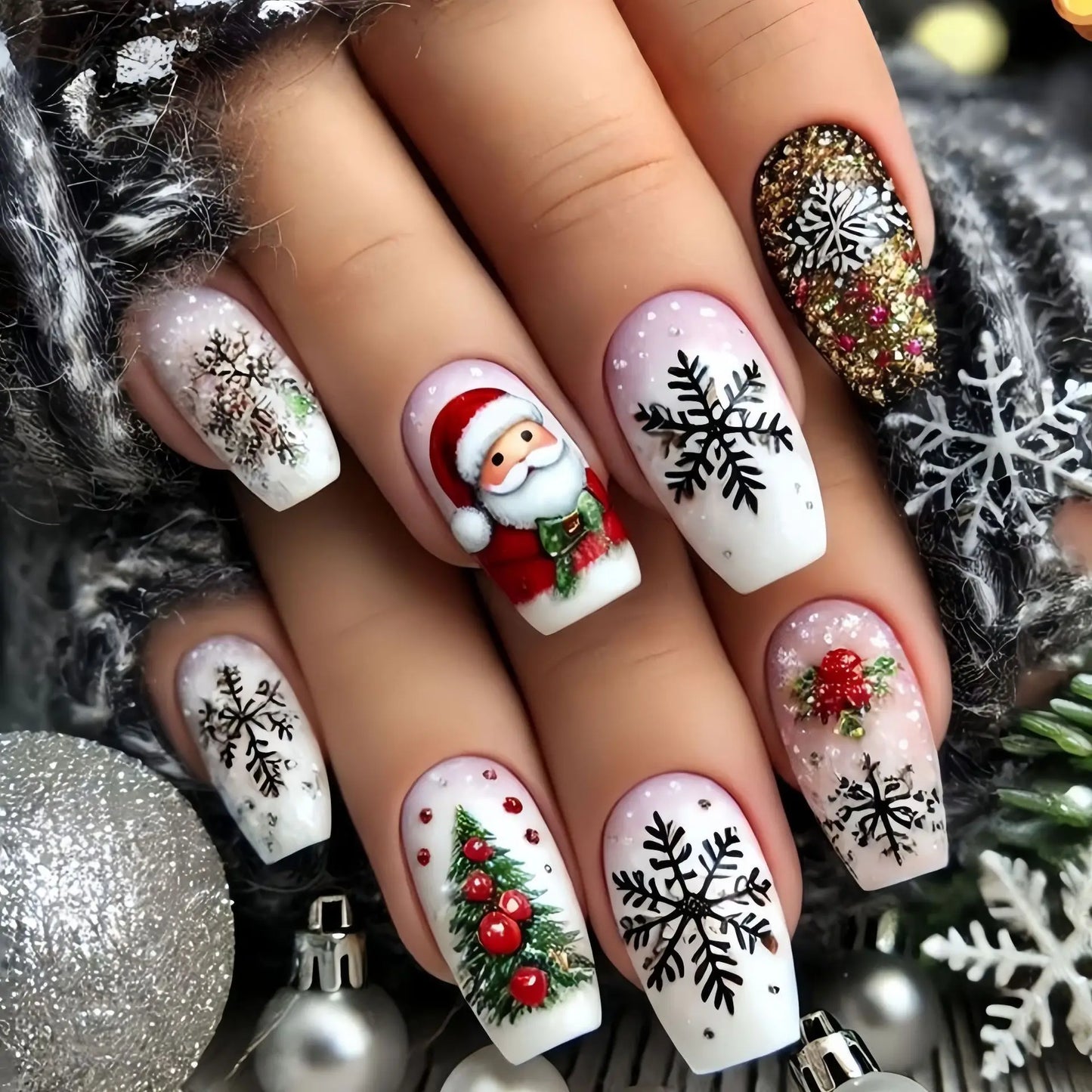 Short Medium fake nails for Christmas party Santa claus deers snowman snowflakes almond Square tips press on false nail art set