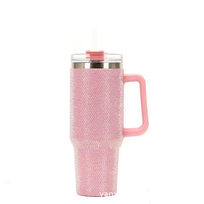 Diamond encrusted car cup coffee insulated cup 1200ml handle stainless steel straw Ice king cup portable insulated water bottle