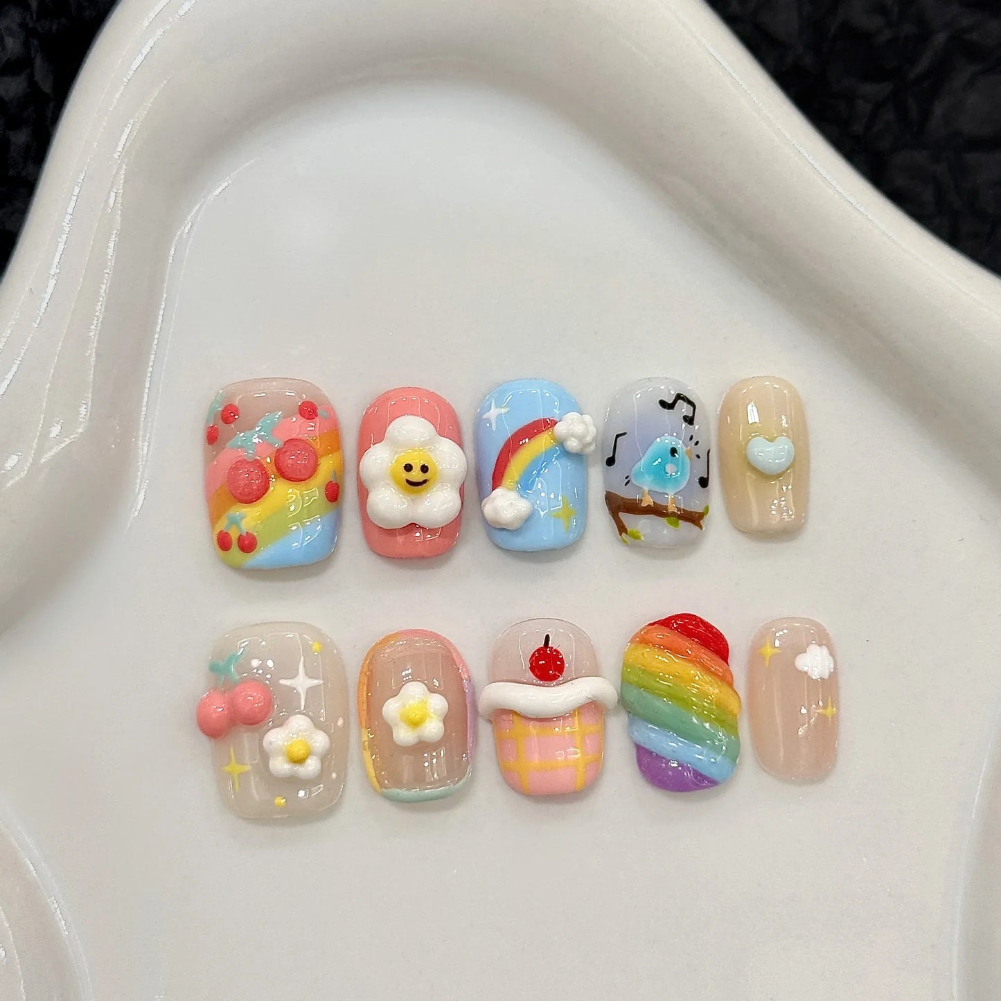 10Pcs Cute Short Round Handmade Fake Nail Glitter Colorful 3D Sweet Cool Art Finished Nail for Girl Wearable Full Cover Press On