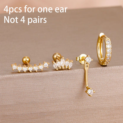 4PCS Stainless Steel Circle Huggie Hoop Earrings Set for Women Gold Color Unique Zircon Flower Stud Earring Piercing Jewelry