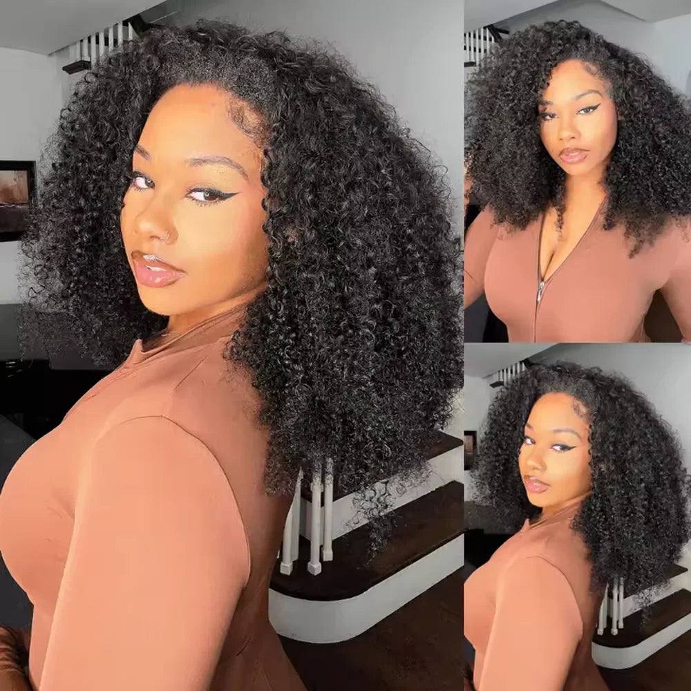 16 Inch 3 IN 1 Half Wig With Drawstring Seamless Human hair Wigs Kinky Curly Headband Wig Upgrade for Women Summer Machine Wigs