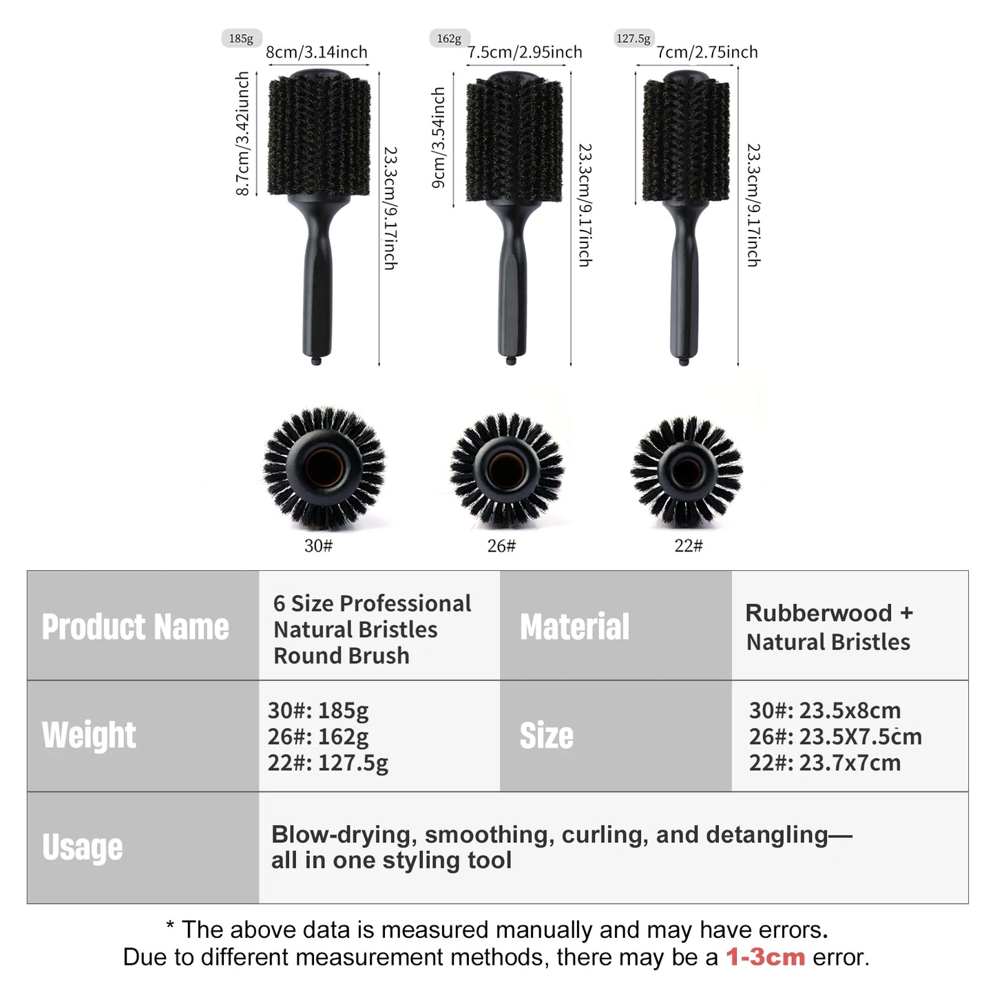 New 6 Sizes Black Wood Handle Boar Bristles Round Hair Brush Removable Tail Hairdressing Brush Pro Salon Barber Hair Round Comb