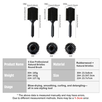 New 6 Sizes Black Wood Handle Boar Bristles Round Hair Brush Removable Tail Hairdressing Brush Pro Salon Barber Hair Round Comb