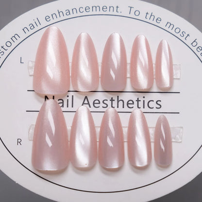 24pcs/box Long Almond Green Cat's Eye False Nails Glitter Aurora Artificial Fake Nails Press On Round Nail Tips Fashion Nail Art