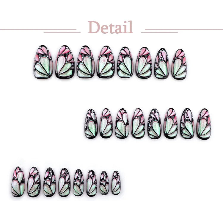 3D Butterfly Almond Nail Art Fashion Green Pearlescent Powder False Nails Detachable Finished Fake Nails Press on Nail with Glue