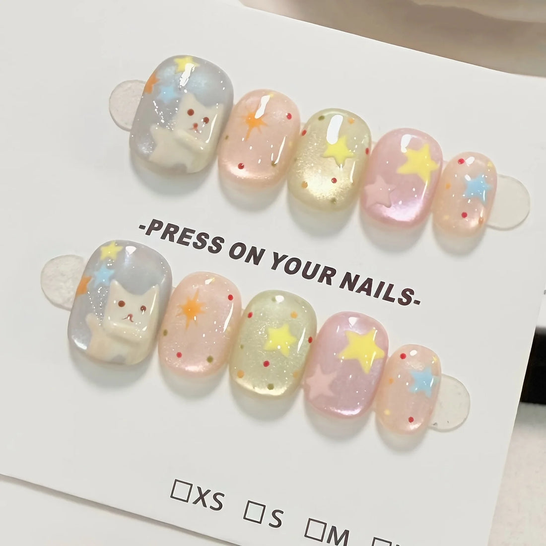 10Pcs Handmade Press on Nails Kitten Glass Beads Cat's Eye False Nail for Women&Girls Star Polka Detachable Wearable Fake Nail