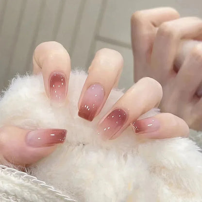 24Pcs Full Cover Nail Tips Short Simple False Nails Wearable Round Head Fake Nails Gradient Artifical Finished Press on Nails