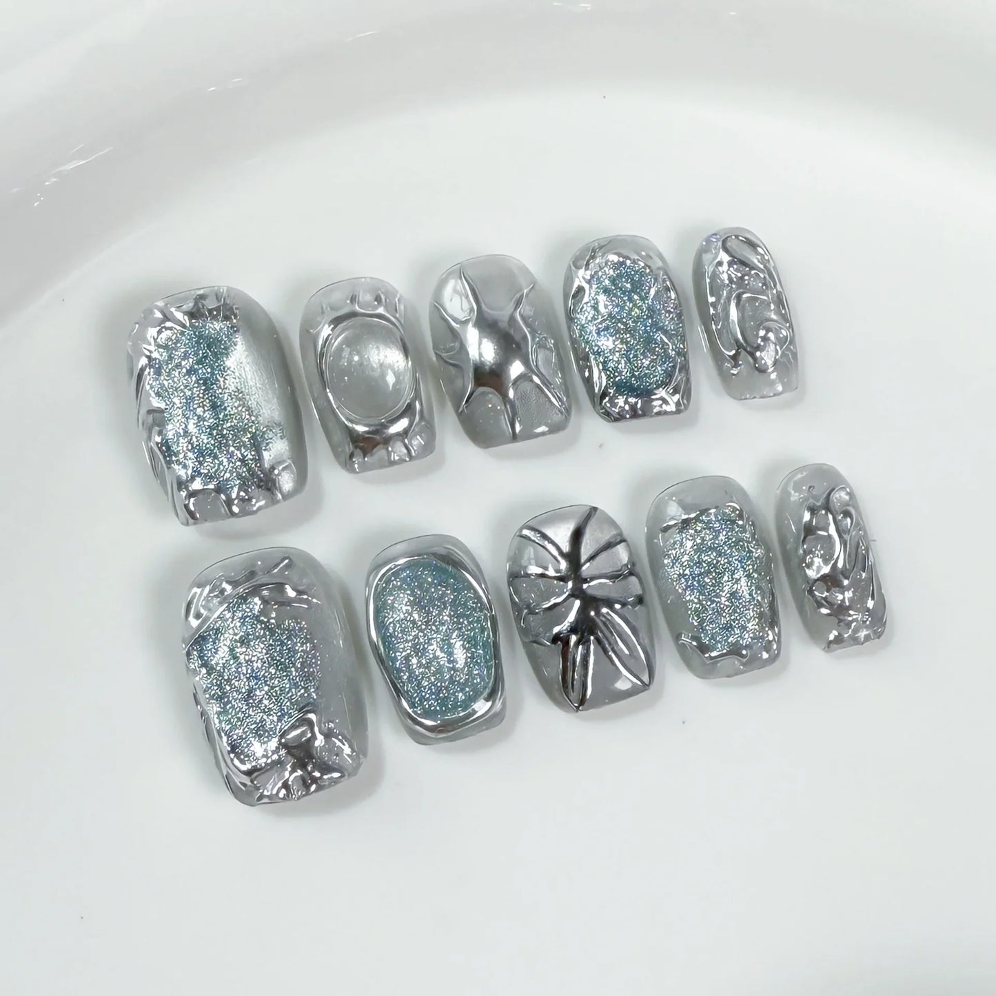 10Pcs Cat Eye False Nails Short Square Handmade Fake Nails Irregular Metal Press on Nails Silver Glitter Design Nail Sweet Cool