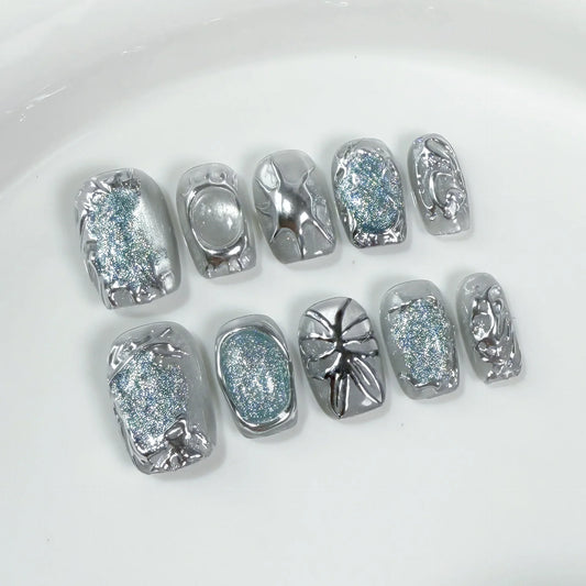 10Pcs Cat Eye False Nails Short Square Handmade Fake Nails Irregular Metal Press on Nails Silver Glitter Design Nail Sweet Cool