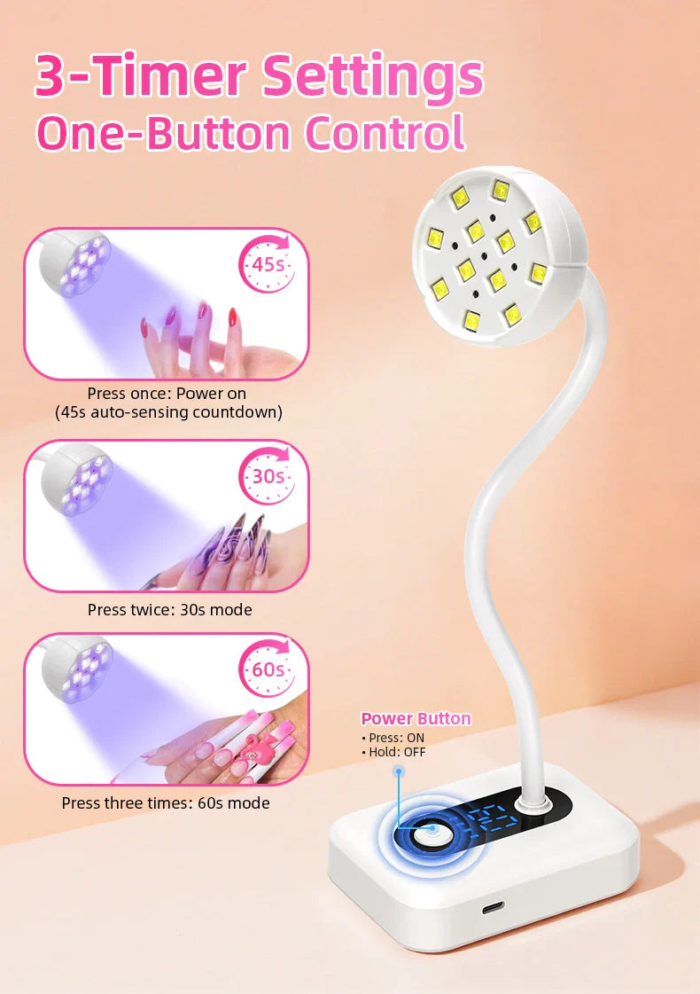 36W Rechargeable UV LED Nail Lamp Cordless 12LEDS Nail Dryer 360° Bendable Fast Drying Nail Manicure Polish Glue Gel Curing Lamp