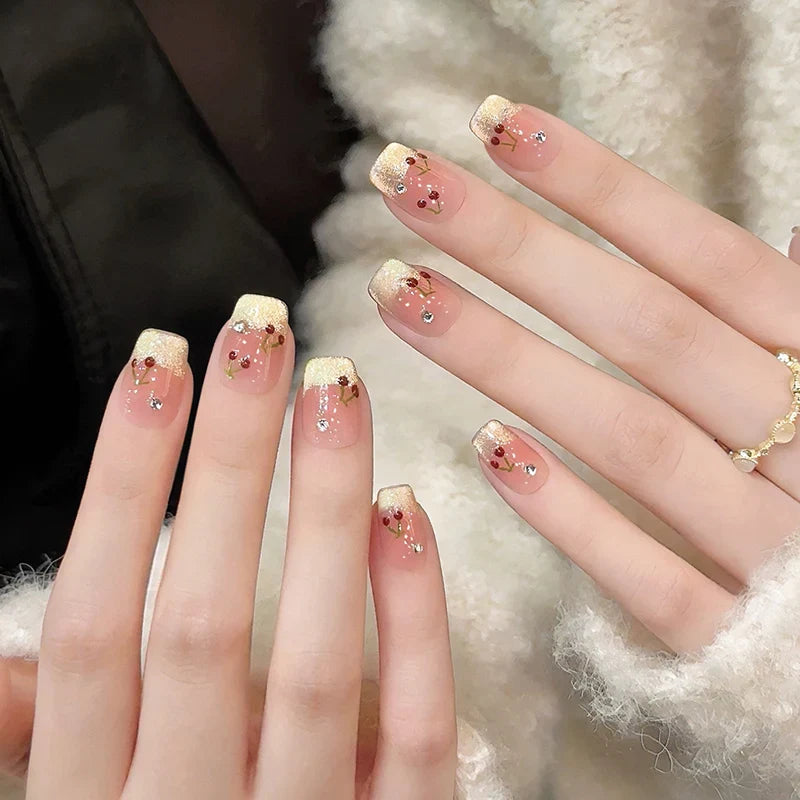 10Pcs French Cat Eye Square Handmade Press on Nail Fake Nails with Cherry Pattern Handmade Wearable False Nail Uñas Postizas 네일팁