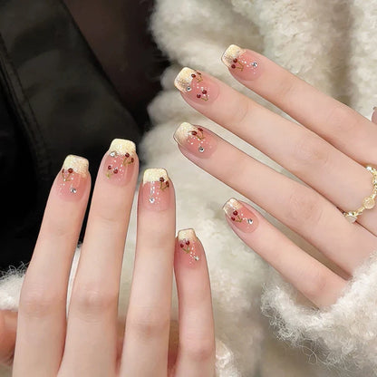 10Pcs French Cat Eye Square Handmade Press on Nail Fake Nails with Cherry Pattern Handmade Wearable False Nail Uñas Postizas 네일팁