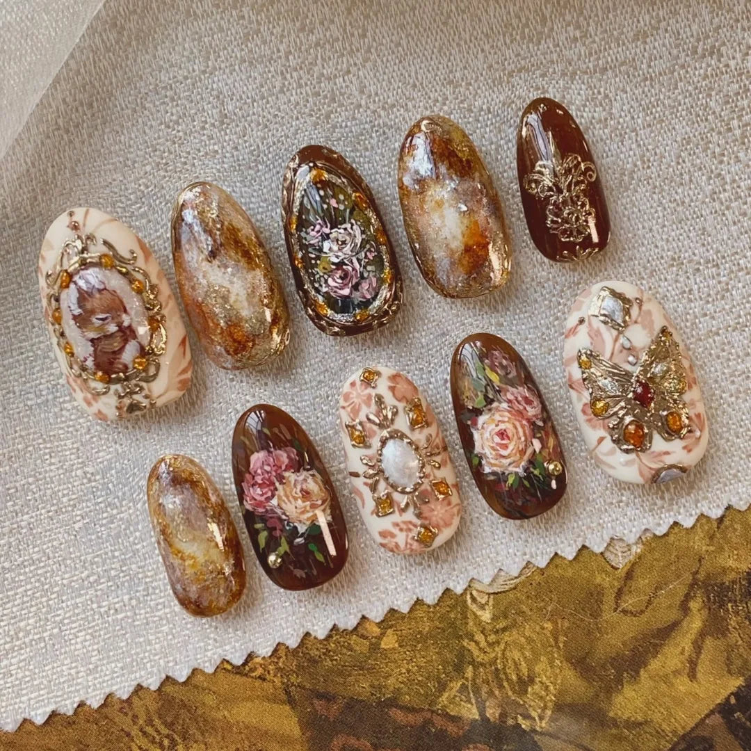 24pcs Wine Red Almond False Nails Art Smudge Flower Design Short Press on Nails Tips Wearable Golden Lines Fake Nail Finished
