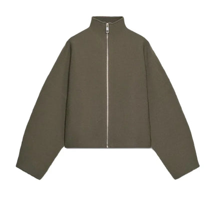 Women Casual Solid Knitted Short Cardigan Lapel Full Sleeve Zipper Loose Cropped Coats 2025 Lady Daily Commute Fashion Outerwear