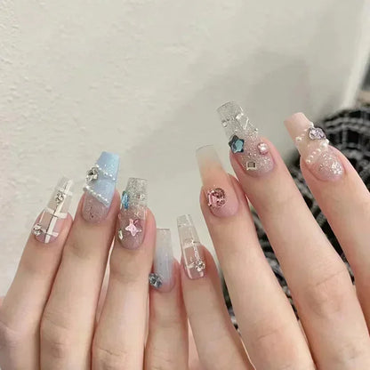 24Pcs Short Ballerina False Nail Tips with Pearl Detachable French Fake Nails Pink Cute Full Cover Press on Nails Manicure Tools