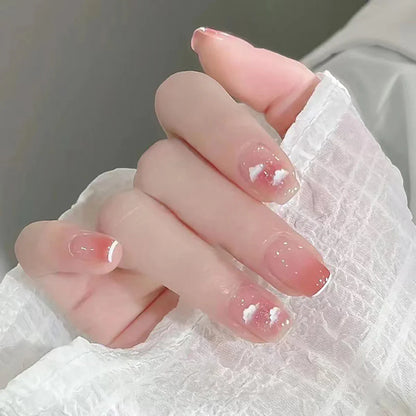 24pcs Short Almond Pink French False Nails Star Design Press on Nails Fake Nails DIY Manicure Detachable Stick-on Nail Tips