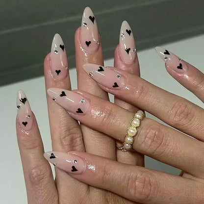 24Pcs Stiletto Press on Nails Glitter Almond False Nails French Tip Fake Nails with Glue Detachable Full Cover Acrylic Nail Tips