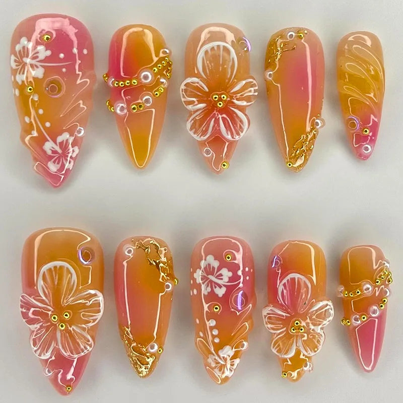 24pcs Gold Pink Flower Press On Nails Glossy Almond Autumn Wearable Fake Nails With Pearl Gold Ball Decor Ballet False Nail Tips