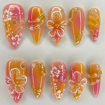24pcs Gold Pink Flower Press On Nails Glossy Almond Autumn Wearable Fake Nails With Pearl Gold Ball Decor Ballet False Nail Tips