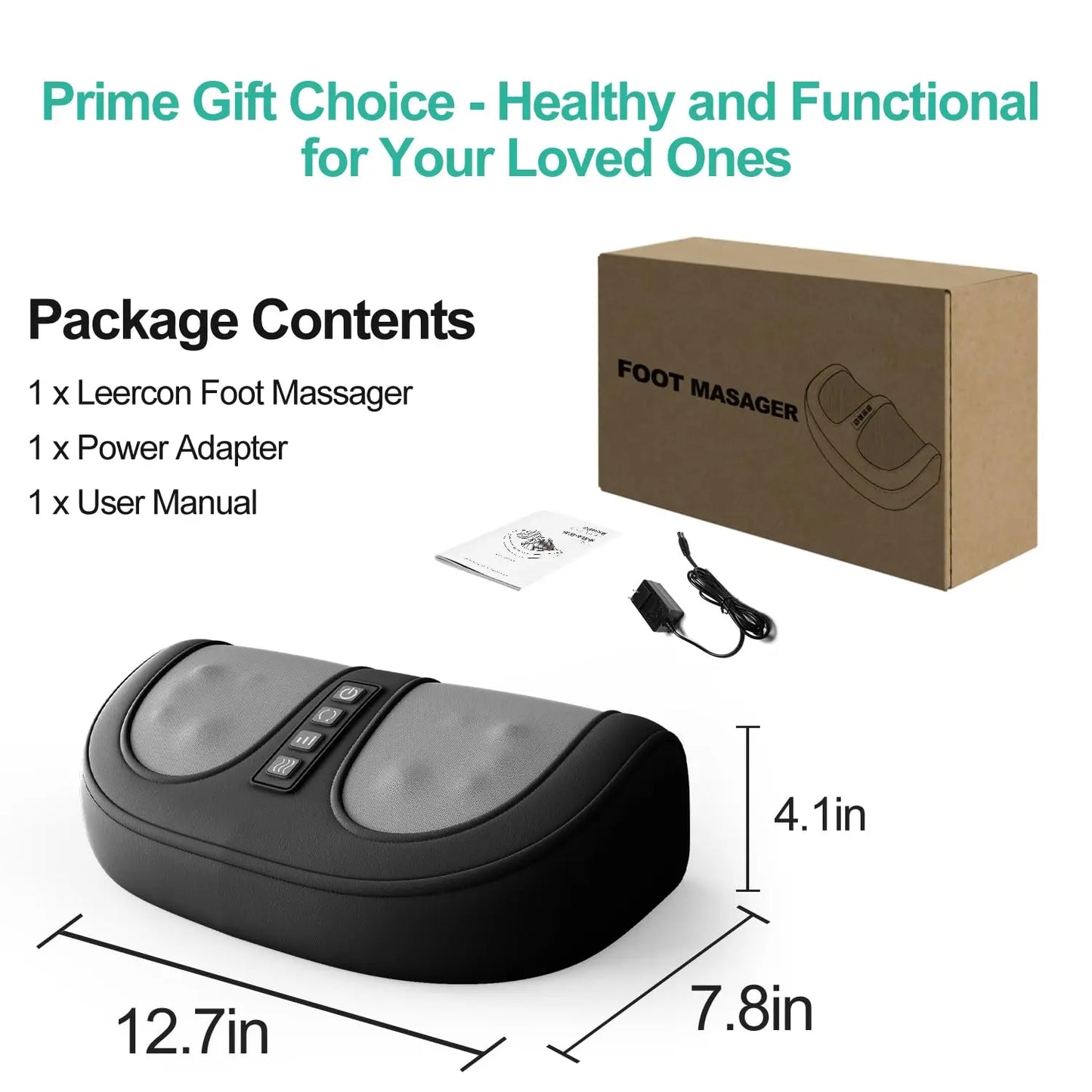 A black foot massager with bidirectional roll massage for the soles of the feet. Included is a power supply for