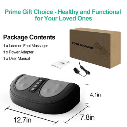 A black foot massager with bidirectional roll massage for the soles of the feet. Included is a power supply for