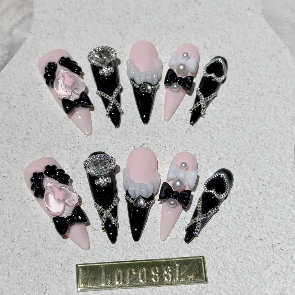 Black Pink Sweet French Almond Handmade Press On Nails Grid Polka Dot Love Skirt Ballet Fake Nails Princess Cute Bow Nail Art