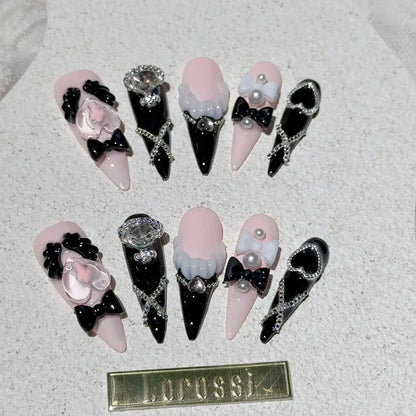 Black Pink Sweet French Almond Handmade Press On Nails Grid Polka Dot Love Skirt Ballet Fake Nails Princess Cute Bow Nail Art