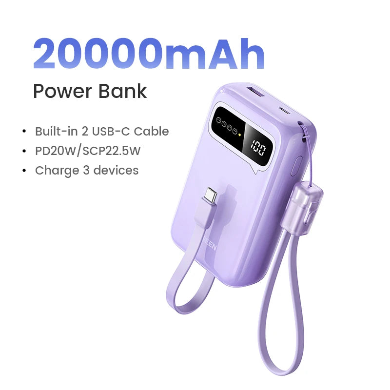 UGREEN 20000mAh Dual Type C Cable Power Bank Fast Charge Portable PowerBank for iPhone 17 16 Pro Max PD 20W External Battery