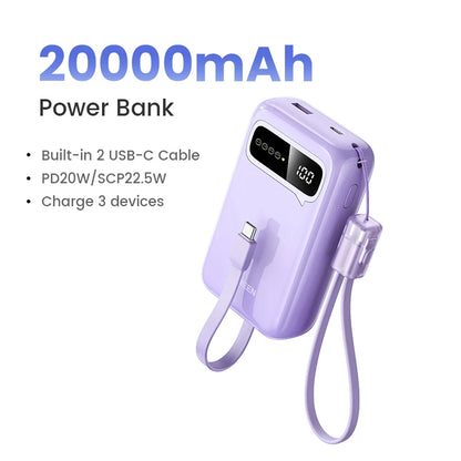 UGREEN 20000mAh Dual Type C Cable Power Bank Fast Charge Portable PowerBank for iPhone 17 16 Pro Max PD 20W External Battery