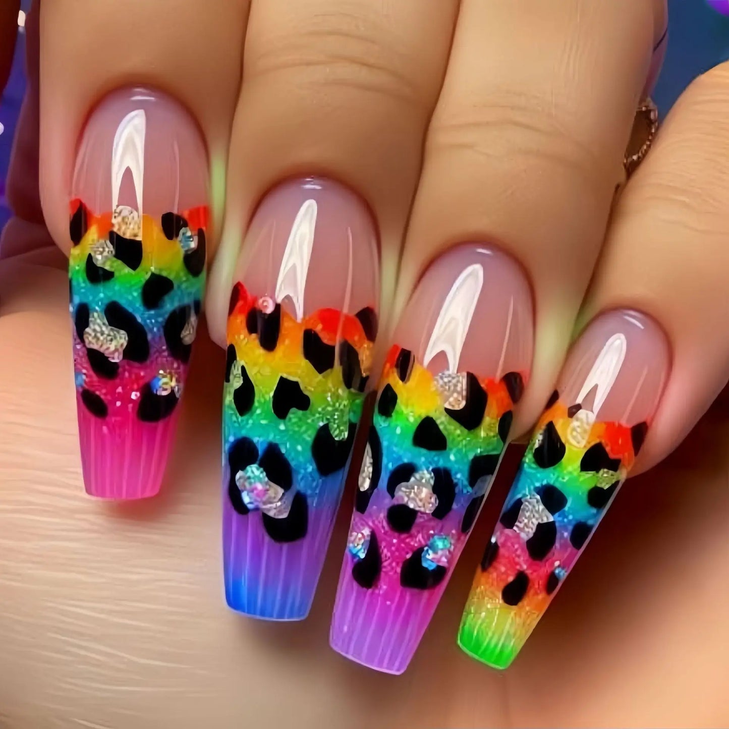 Short Medium long fake nails Square ballet nail tips Gradient purple pink blue leopard flame Y2K press on false nail art set