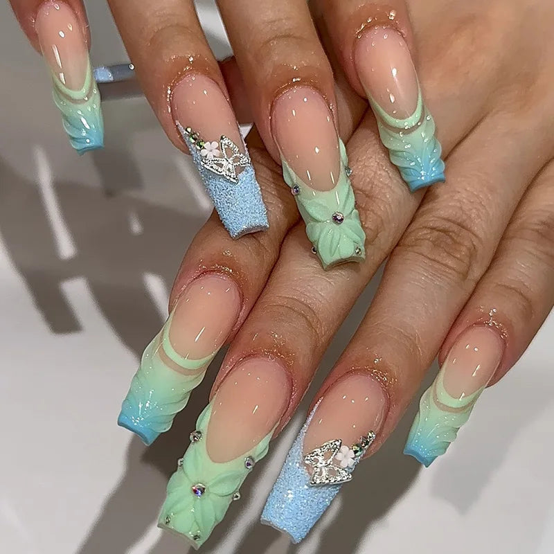 24Pcs Gold French Border False Nails Long Coffin False Nails with Rhinestones Ballerina Full Cover Nail Tips Press on Nails