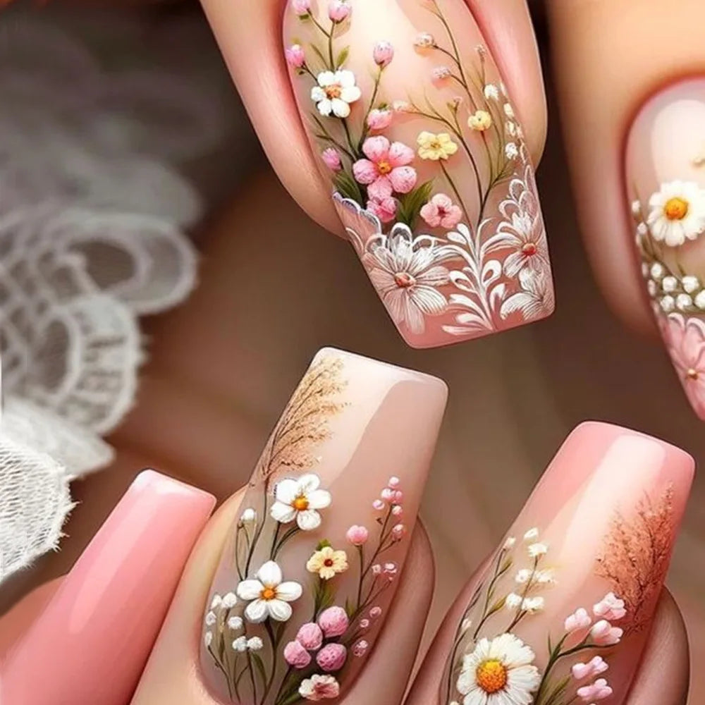 24Pcs White French Fake Nails with Glitter Rose Pattern Press on False Nails Gold Edge Line Design Artificial Nail Tips Art Long