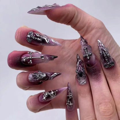 24Pcs Horror Comic Tomie Press on Nails Almond Glossy Black Japanese Anime Nails Reusable Halloween False Nail Tips for Girls