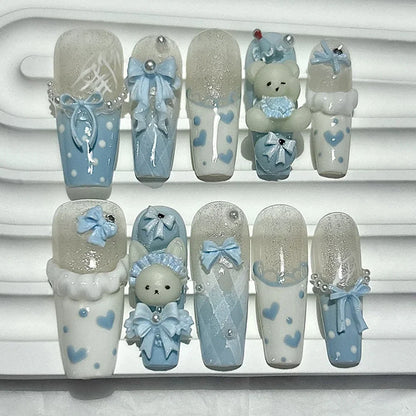 10 Pieces Kawaii 3D Bow Teddy Bear French Handmade Press On Nails Cute Blue Bunny Long Fake Nails Pearls Polka Dot Girl Nail Art