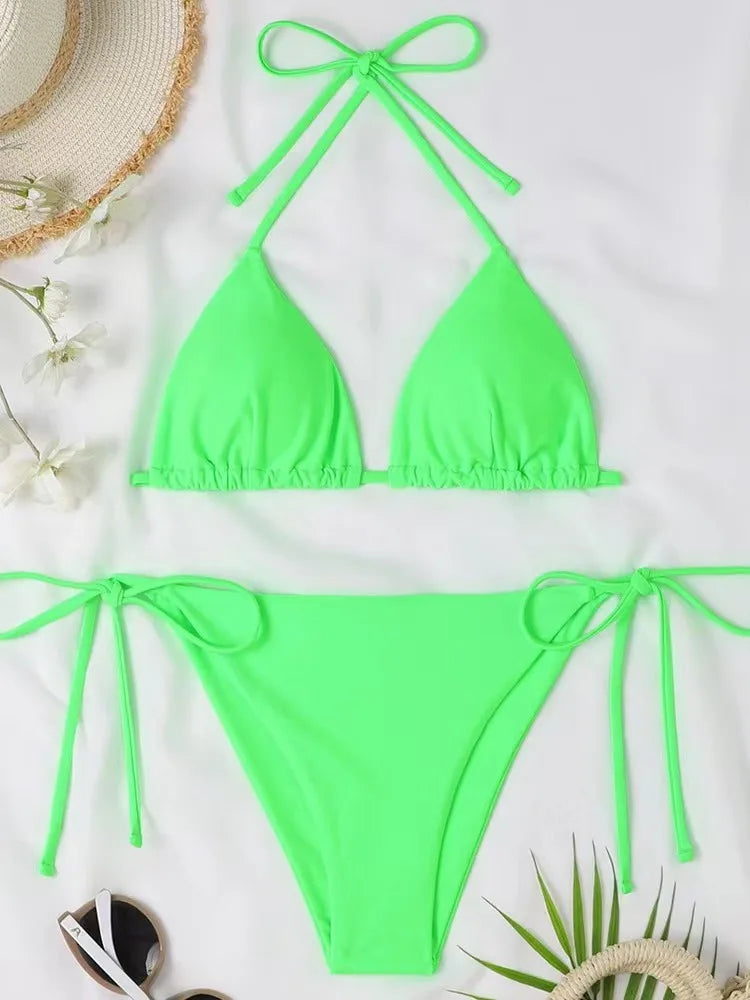 Bikini three-point swimsuit sexy drawstring strap halter bikini solid color lace-up split swimsuit