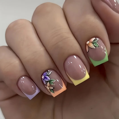 24Pcs Short Almond Press-On Nails Pink Floral French Tip Glossy&Elegant Full Cover Fake Nails for Women&Girls Spring,Daily Wear