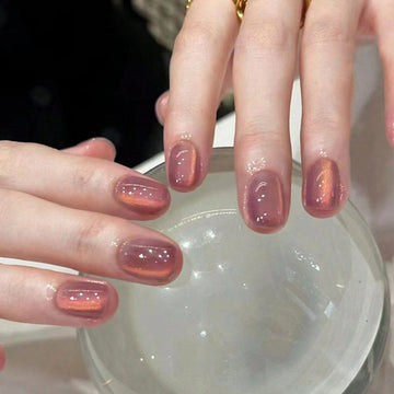 10PCS S/M/L pink cat eye short square fake nailsart set with removable fake nails for festivals