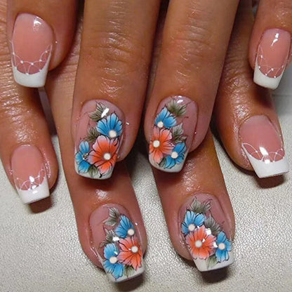 24pcs Sweet Cool False Nails Gradient French Fake Nail Tips with Purple Flowers Design Short Square Press on Nails Colorful Nail
