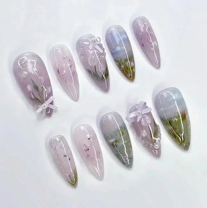 24Pcs Pink Almond False Nails Sweet Summer Fake Nail Cute Flowers Pearl Nails Press Ons Colorful Monet Press on Nails for Girls