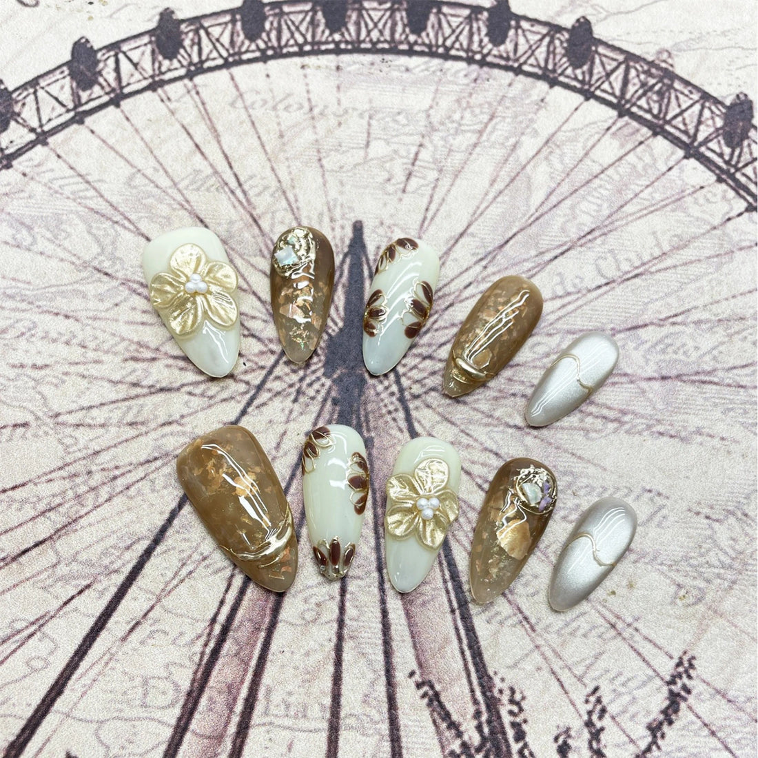 10PCS Handmade Almond Fake Nails With Carved 3D Floral Cat Eyes Pearl Brown Fake Nails Long Oval False Nail Wearable