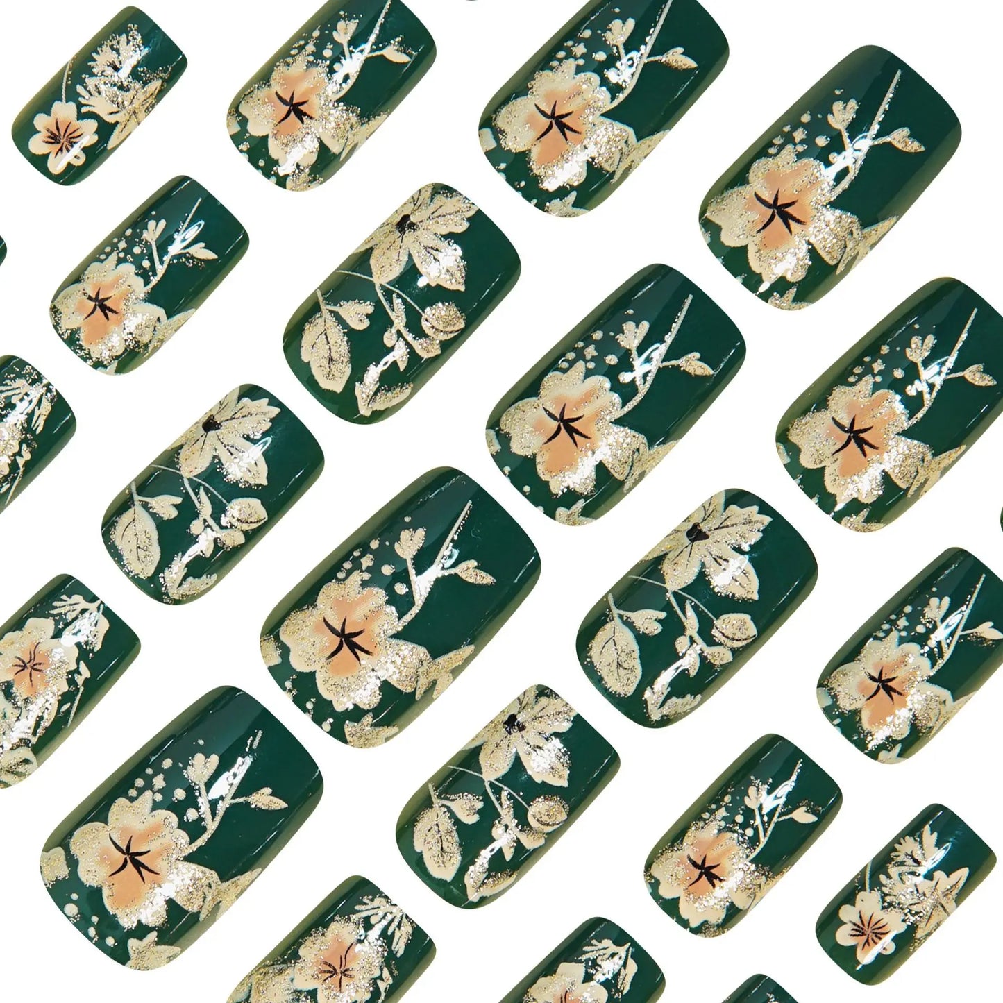 24pcs/set Medium fake nails for women girls glossy green golden red flowers New year Square ballet nail tips press on false nail