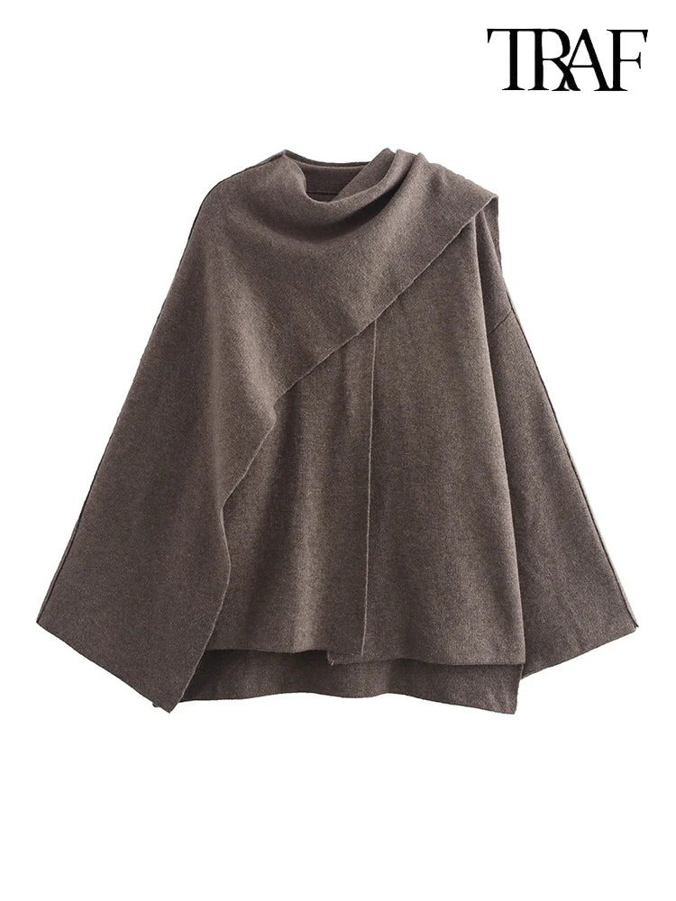 TRAF Women's Fashion Fall/Winter Fashion Asymmetric Scarf Knit Jacket Long Sleeve Split Hem Streetwear Casual Jacket