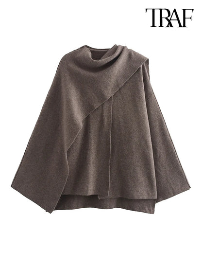 TRAF Women's Fashion Fall/Winter Fashion Asymmetric Scarf Knit Jacket Long Sleeve Split Hem Streetwear Casual Jacket