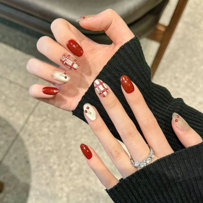 Handmade New Year Press on Nails Cute Red Cherry Short Round/Oval Fake Nails for Women Girl Wearable Glitter Cat Eye False Nails