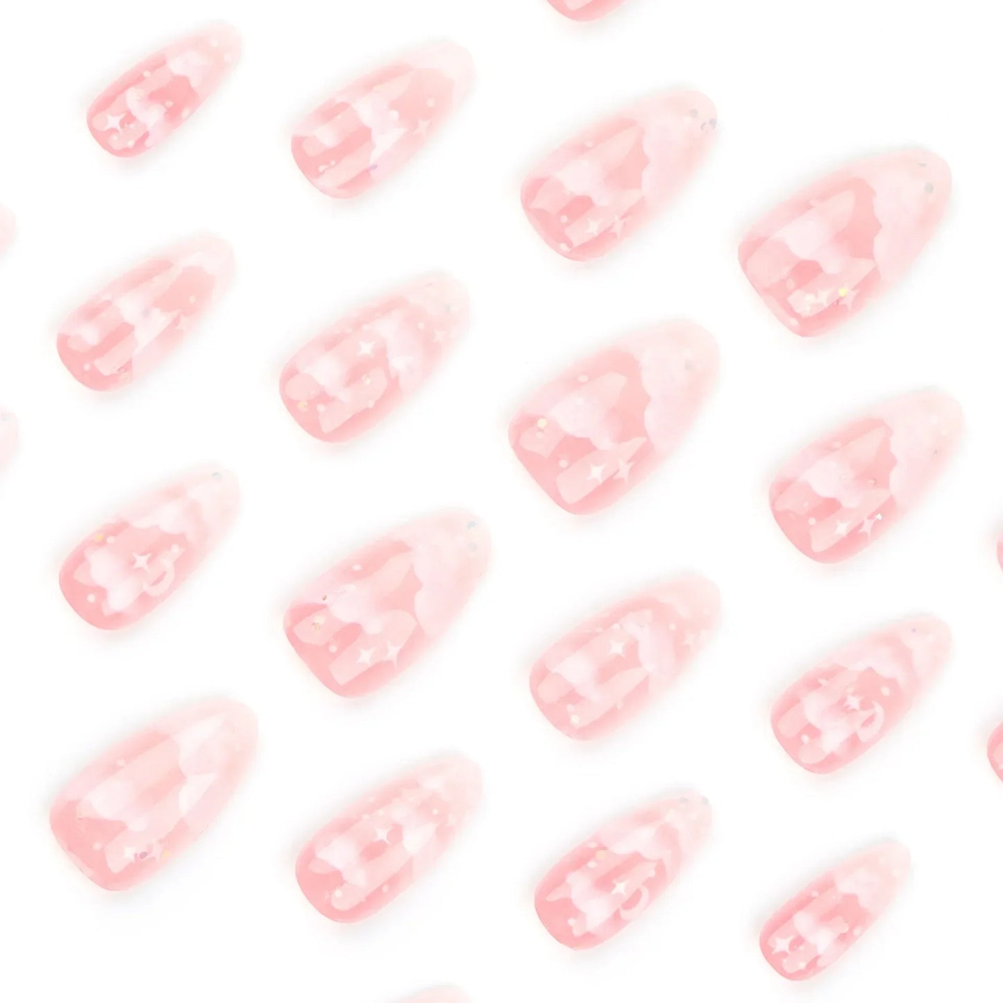 24Pcs Pink Cloud Sweet Star Moon Acrylic Nails Press on Almond Wearable Full Cover False Nails Art Tips Fingernail Beauty