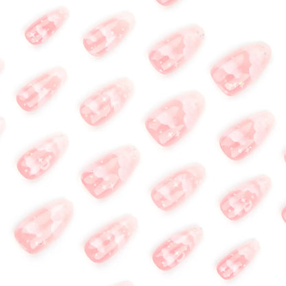 24Pcs Pink Cloud Sweet Star Moon Acrylic Nails Press on Almond Wearable Full Cover False Nails Art Tips Fingernail Beauty