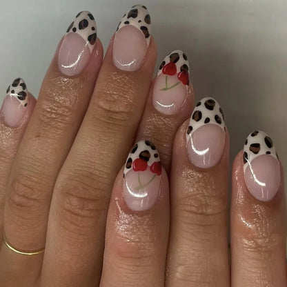 Leopard Print Ballet Fake Nails Art Almond False Nail Tip Charm Star Bowknot Flower Heart Cherry Pointed Press on Nails Manicure