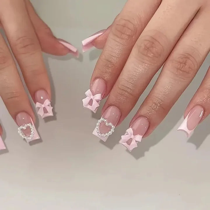 24Pcs Elegant Black Almond Press-On Nail With Pearl Heart&Bow Accents-Glossy Finish Short Length Removable False Nails For Women