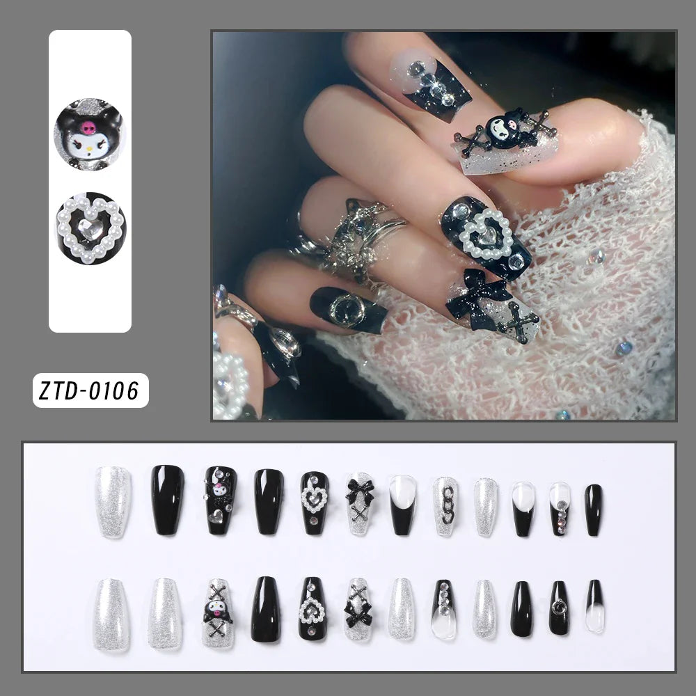 24Pcs 3D kuromi press on nails Y2K Cartoon Handmade Fake Nails Black Gel nail Wearable Nails Cinnamoroll Melody Anime False Nail